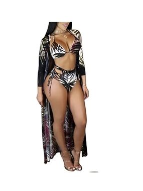 Amazon Black and White Tropical Print Tie Bikini Set with Cover-Up